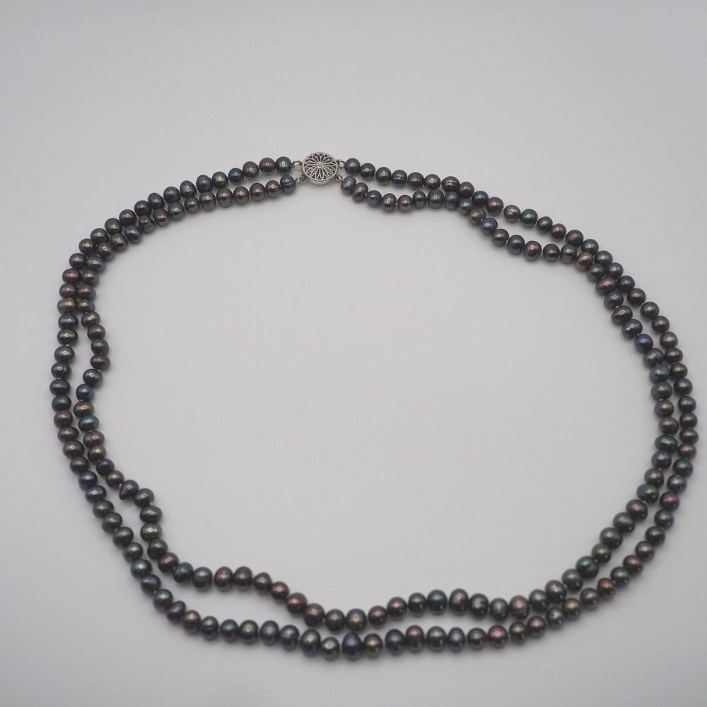 VTG Necklace Black Peacock Cultured Pearl Double Strand 14K GF Filigree Clasp